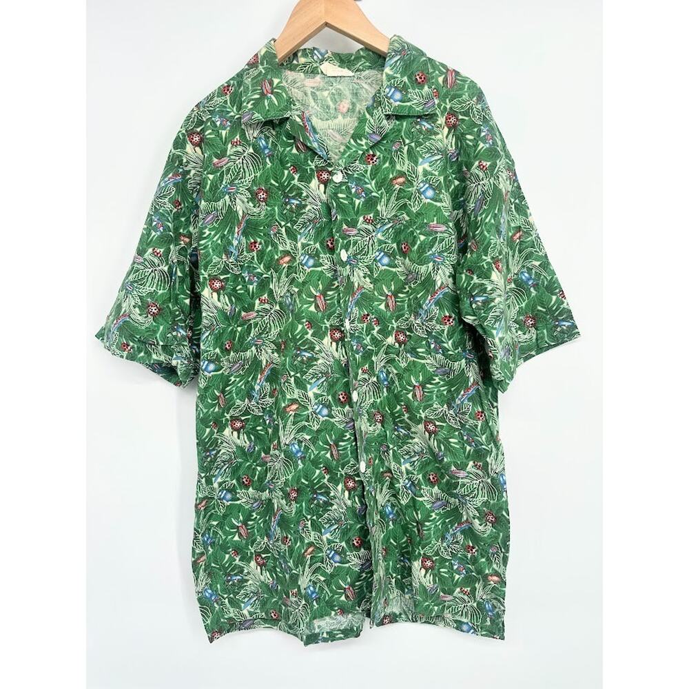 Vintage Hawaiian Shirt Mens Large Tropical Lady Bugs Button Up Cotton Resort